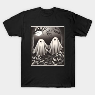 Ghosts in love and full moon, vintage effect cute Halloween in dark forest T-Shirt